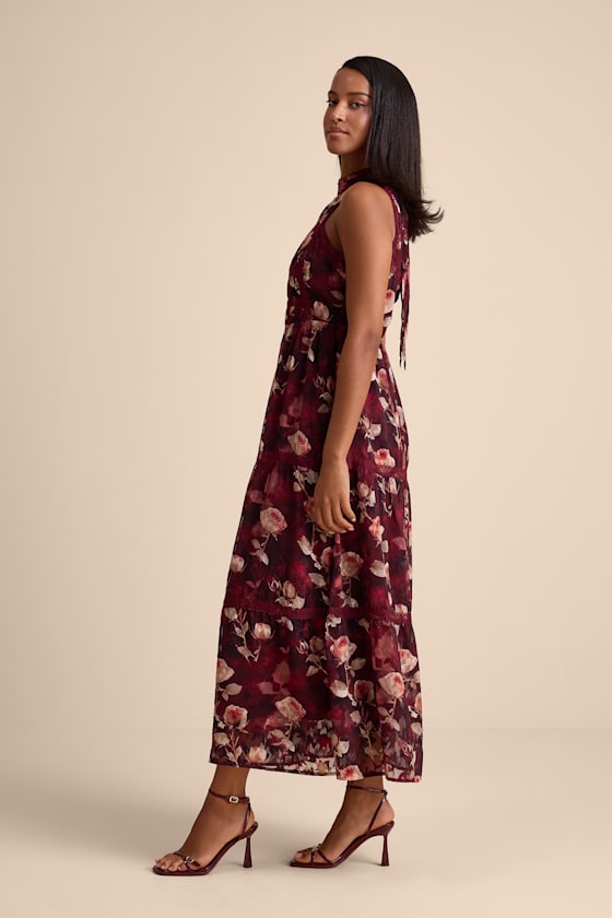 Etheline Burgundy Floral Lace Tiered Midi Dress
