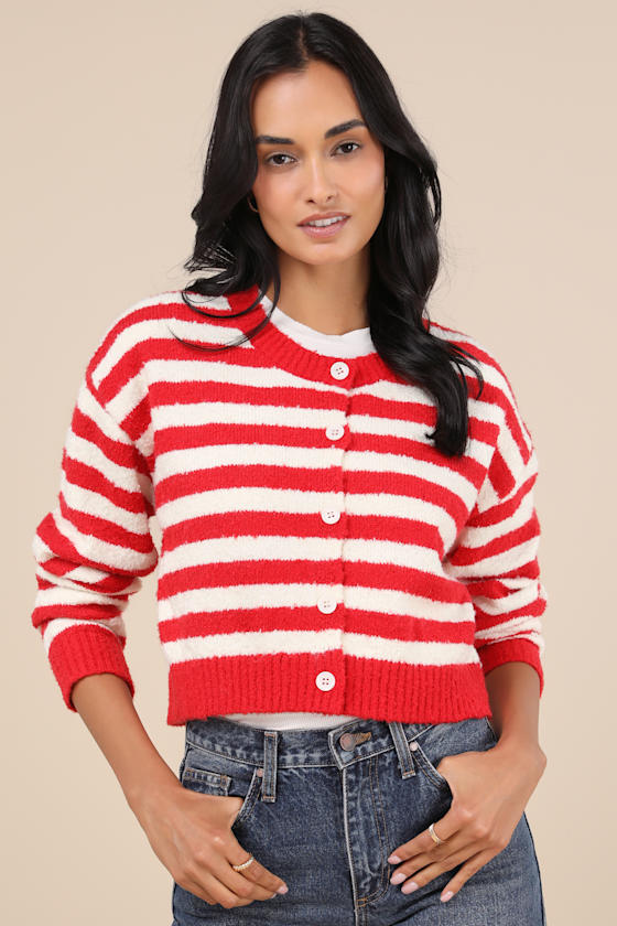 Cutest and Coziest Red and White Striped Crew Neck Cardigan