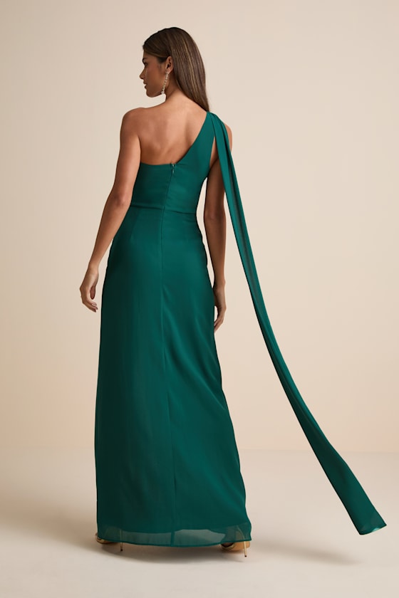 Adeline Emerald One-Shoulder Scarf Maxi Dress