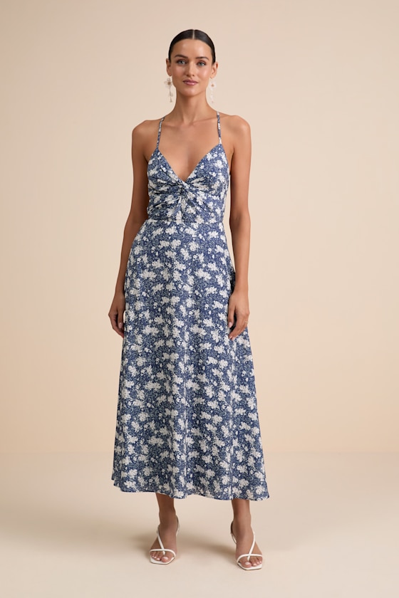 Picturesque Moments Blue Floral Print Strappy Maxi Dress