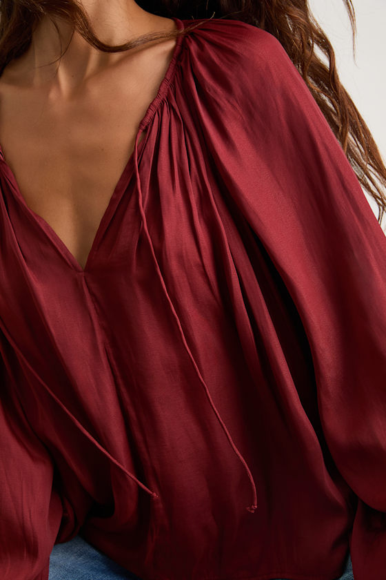 Hestia Wine Red Gathered Balloon Sleeve Top