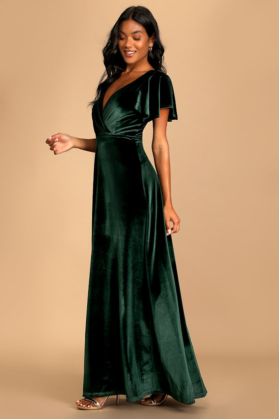 Absolutely Amazed Emerald Green Velvet Flutter Sleeve Maxi Dress