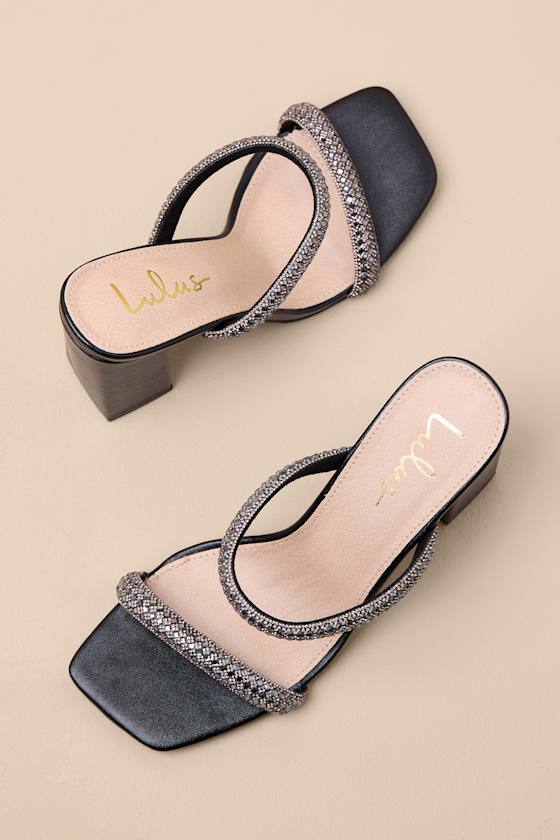 Cosmia Black Rhinestone High Heel Slide Sandals