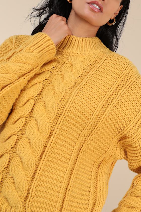 Timeless Warmth Mustard Yellow Cable Knit Pullover Sweater