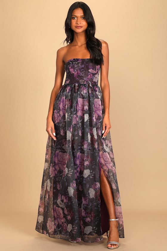 Wonderful Waltz Purple Floral Print Strapless Bustier Maxi Dress