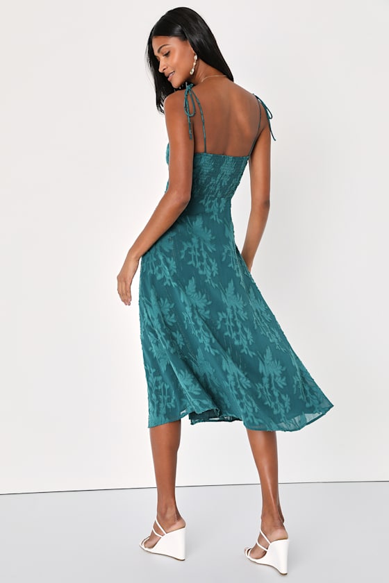 Loveliest Looks Emerald Green Jacquard Tie-Strap Midi Dress