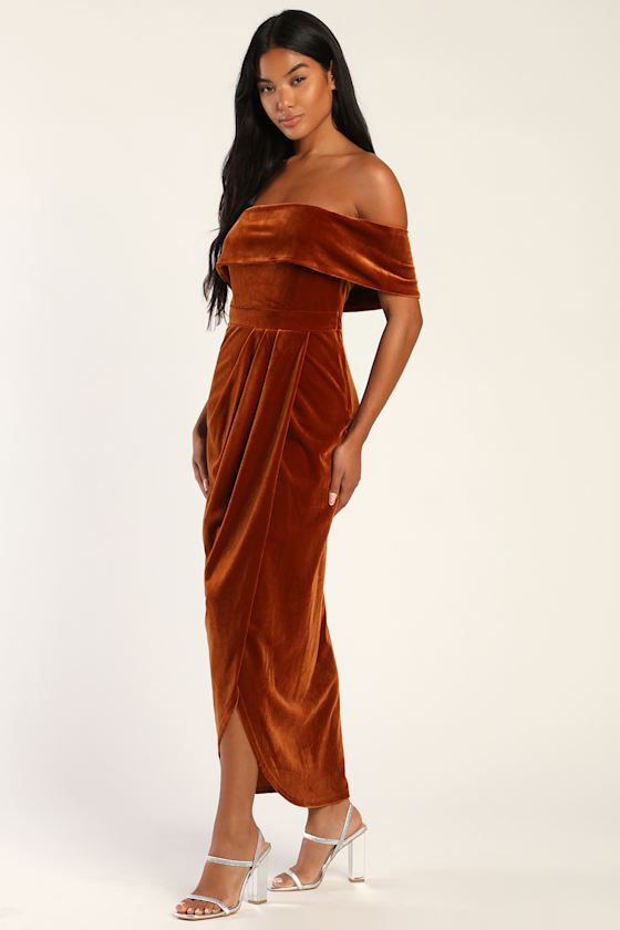 I'm Enchanted Rust Orange Velvet Off-the-Shoulder Maxi Dress