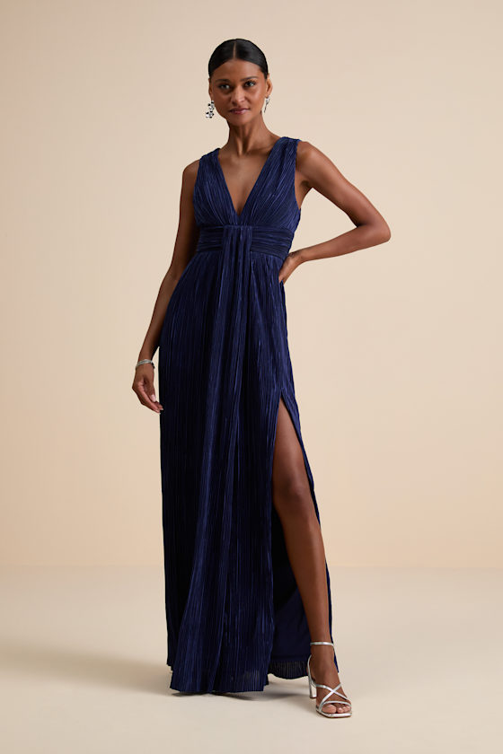 Melitta Navy Blue Plisse Sash Maxi Dress