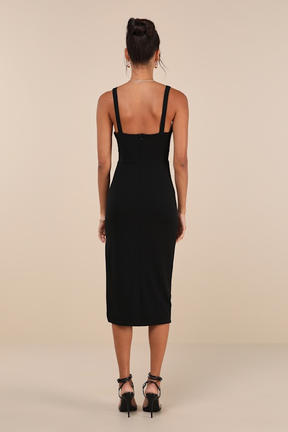 Vibrant Allure Black Square Neck Sleeveless Bodycon Midi Dress