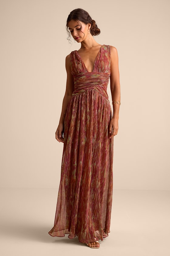 Evaluna Rust Abstract Plisse Sleeveless Maxi Dress
