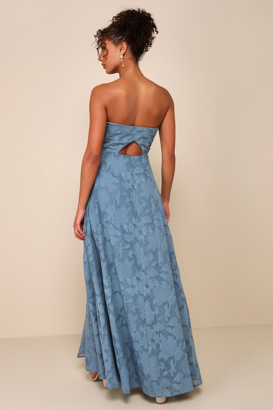 Garden of Romance Dusty Blue Floral Burnout Strapless Maxi Dress