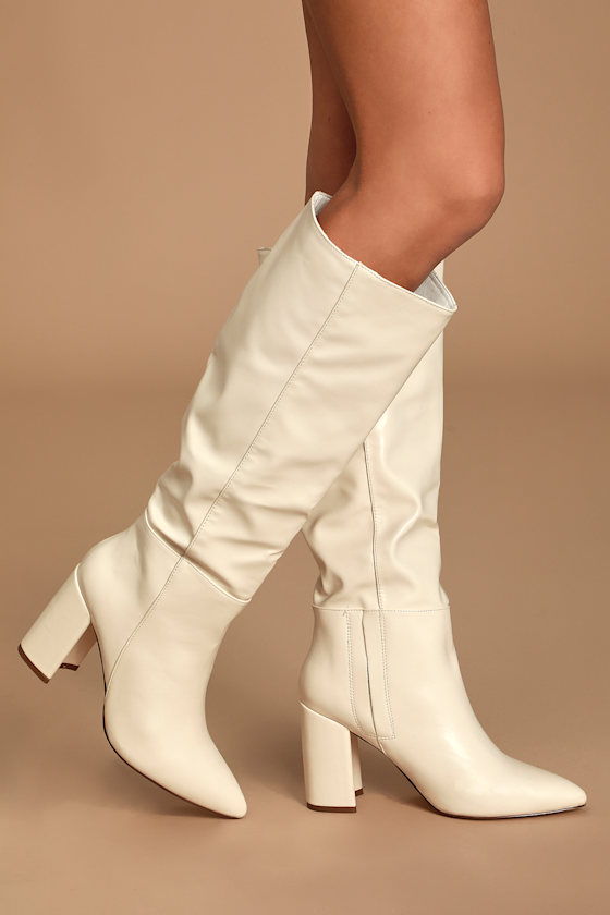 Katari Off White Pointed-Toe Knee High Boots