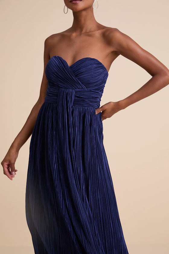 Oswin Navy Satin Plisse Strapless Maxi Dress