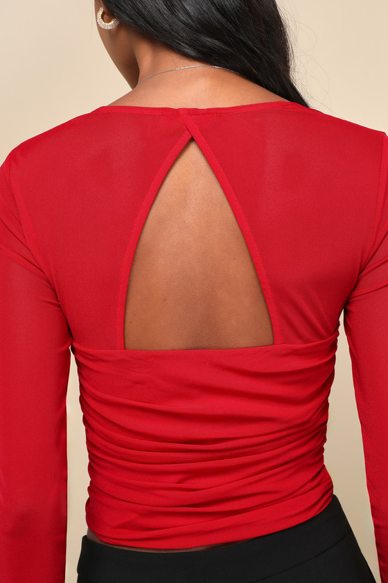 Coy Cutie Red Mesh Bustier Long Sleeve Crop Top