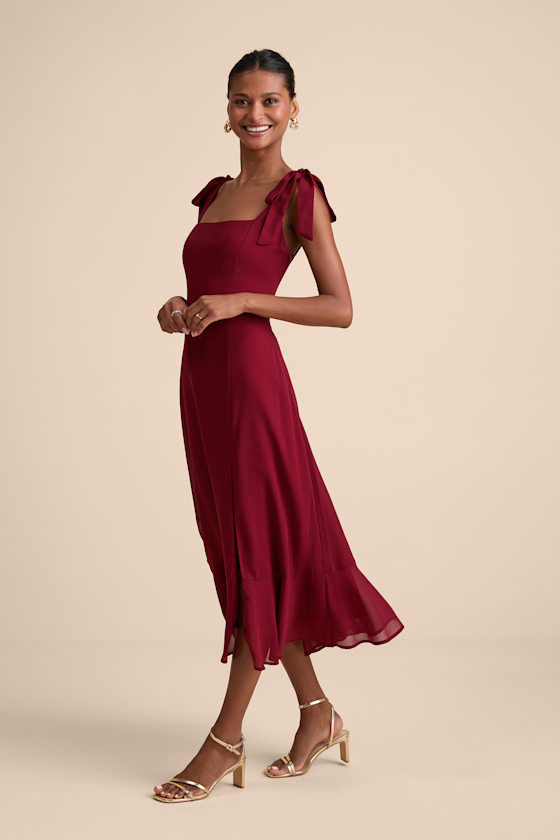 Summer Invite Wine Red Tie-Strap Tiered Midi Dress