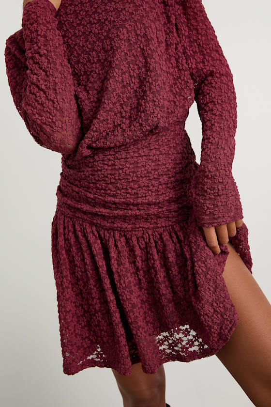Zallie Wine Red Textured Knit Ruched Long Sleeve Mini Dress