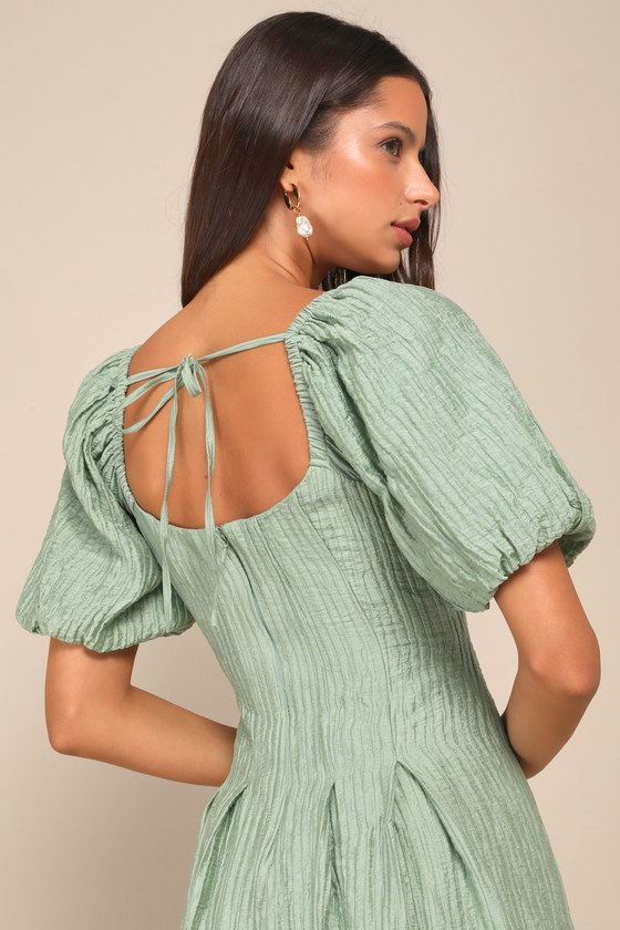 Heavenly Energy Sage Textured Puff Sleeve Pleated Midi Dress