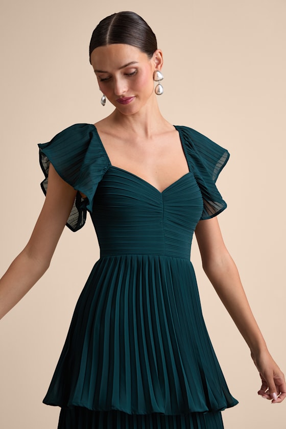 Notorious Charm Emerald Pleated Flutter Sleeve Maxi Dress