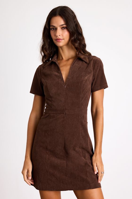 Go-Getter Girl Brown Corduroy Mini Dress With Pockets