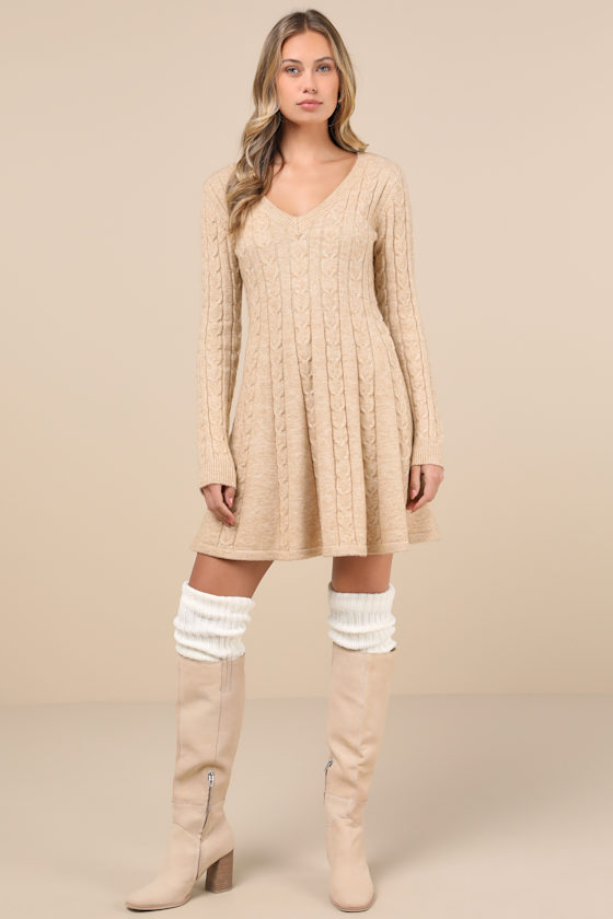 Sweetly Seasonal Beige Cable Knit Sweater Mini Dress