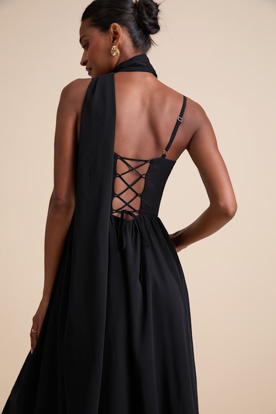 Irresistibly Darling Black Chiffon Midi Dress and Scarf Set