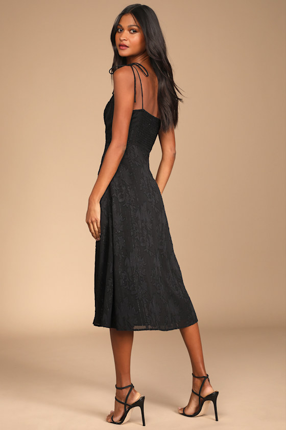 Loveliest Looks Black Floral Jacquard Tie-Strap Midi Dress