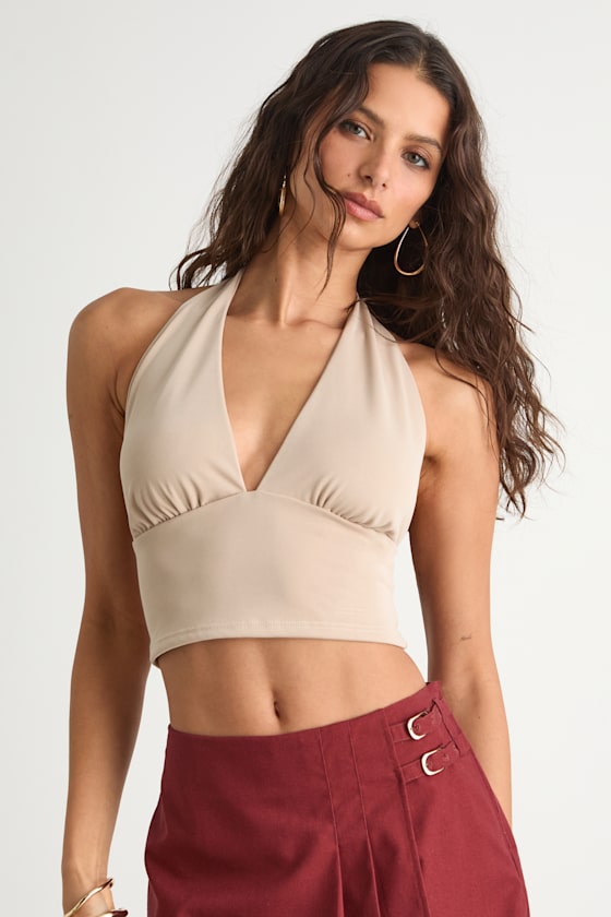 Niyara Beige Jersey Knit Halter Crop Top