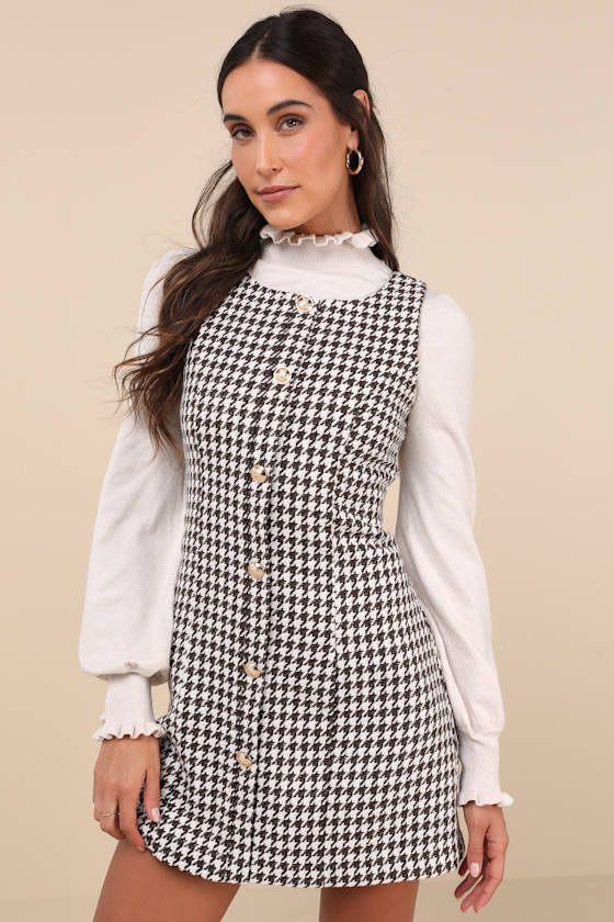 Coveted Poise Brown Houndstooth Button-Front Shift Mini Dress