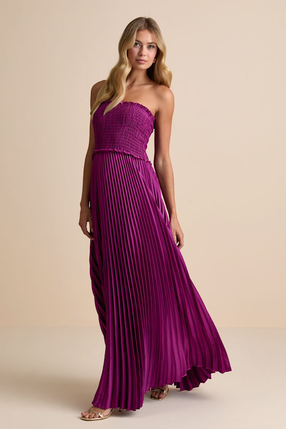 Damira Magenta Satin Pleated Strapless Maxi Dress