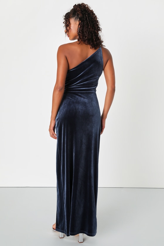 Elegant Era Dark Slate Blue Velvet One-Shoulder Maxi Dress