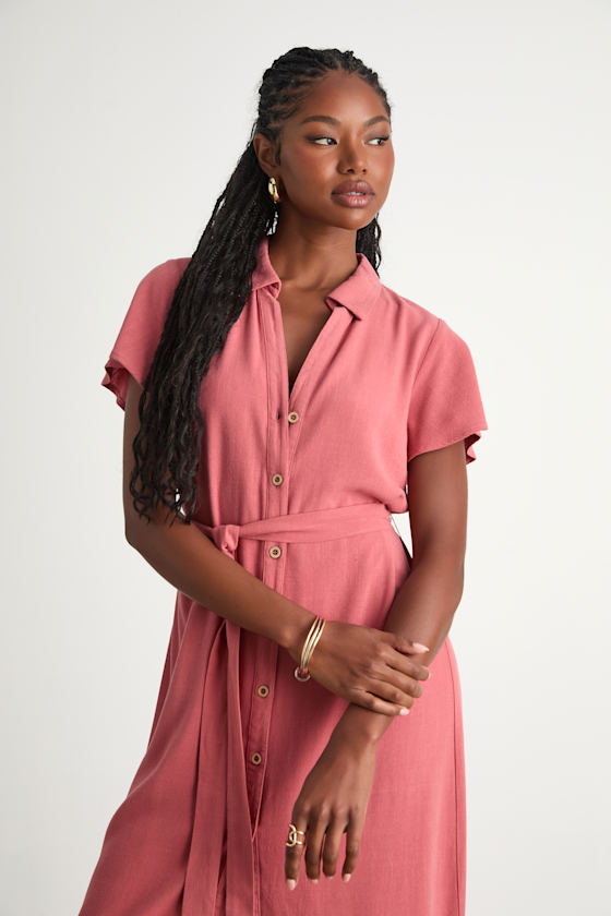 Italian Summer Rusty Rose Linen Button-Up Short Sleeve Dress