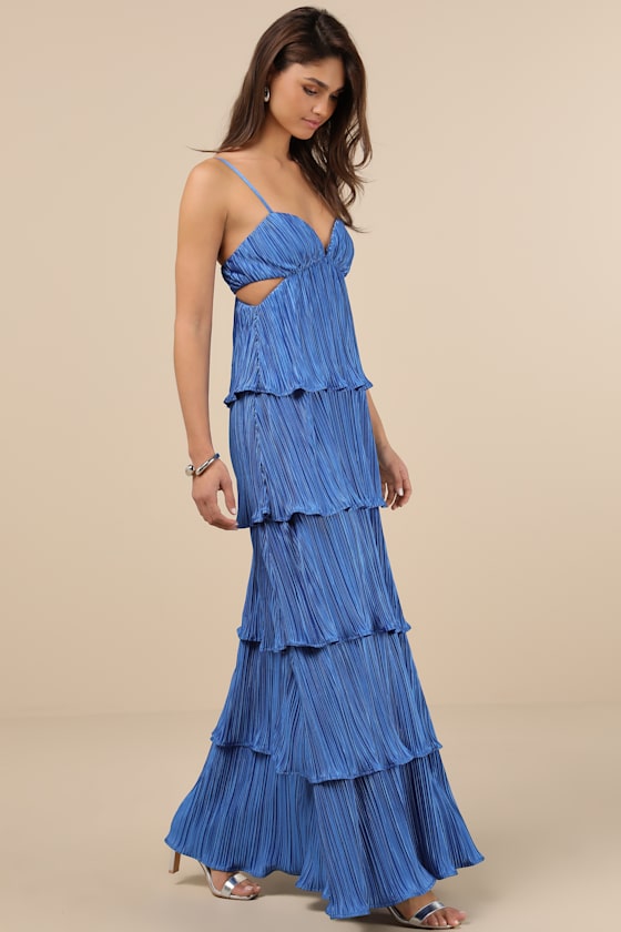 Kanya Blue Satin Plisse Tiered Maxi Dress