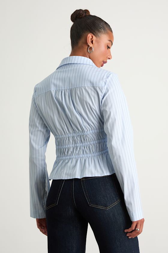 Polished Essence Blue Striped Collared Tie-Front Top