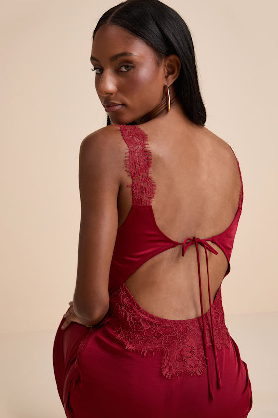 Alayah Red Satin Lace Tie-Back Midi Dress