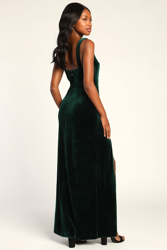 Elegant Sweetie Emerald Green Velvet Square Neck Maxi Dress