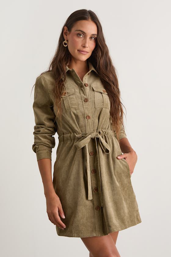 Simple Affection Olive Corduroy Mini Dress With Pockets
