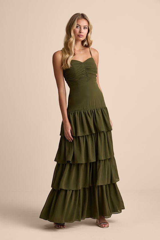 Gorgeous Influence Olive Green Tiered Maxi Dress