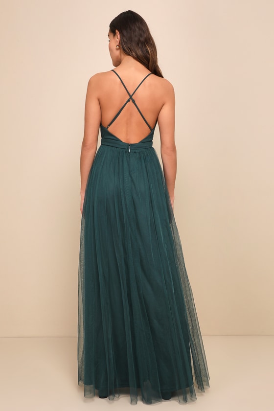 Rare Beauty Hunter Green Tulle Backless Maxi Dress
