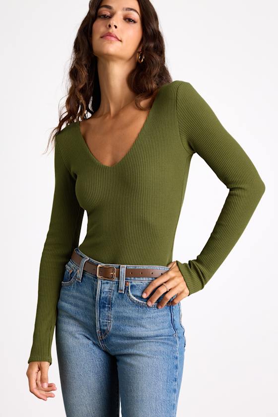 Easygoing Chic Olive Green Long Sleeve Bodysuit