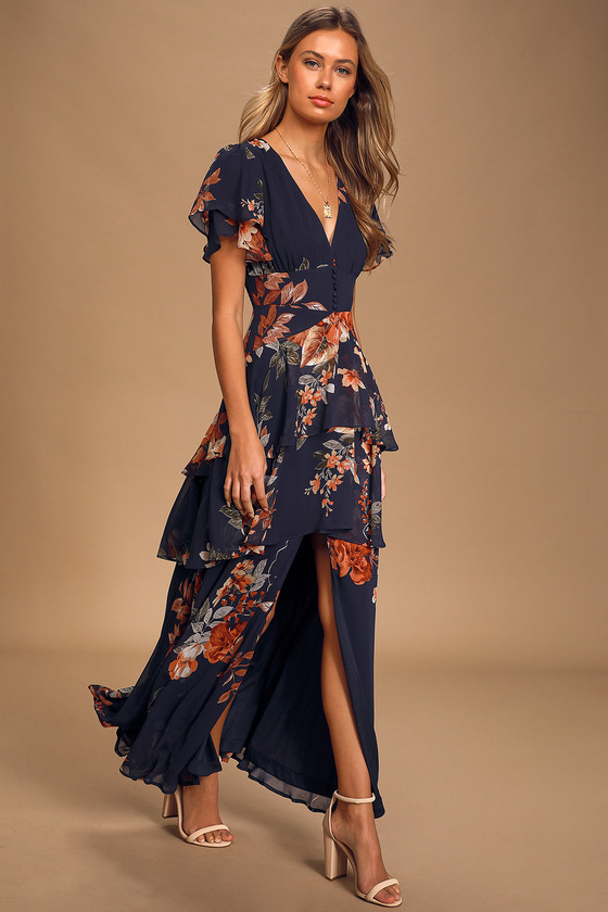 Midnight Mood Navy Blue Floral Print Tiered Maxi Dress