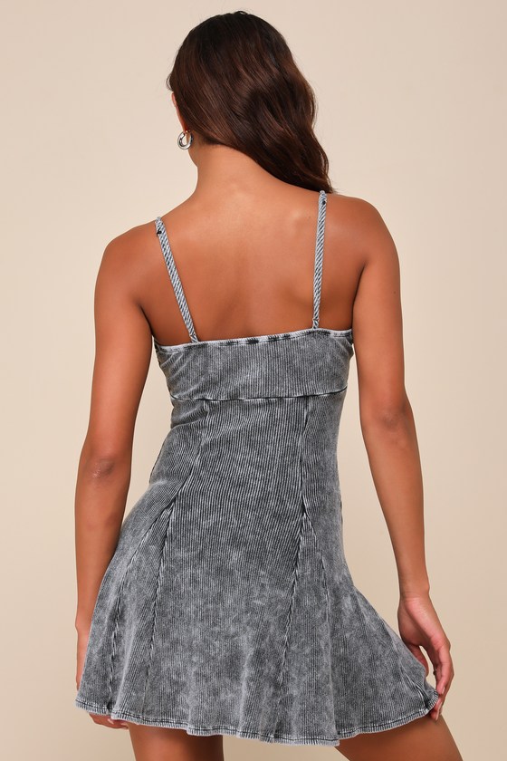 Simply Pretty Washed Black Ribbed Pleated Sleeveless Mini Dress