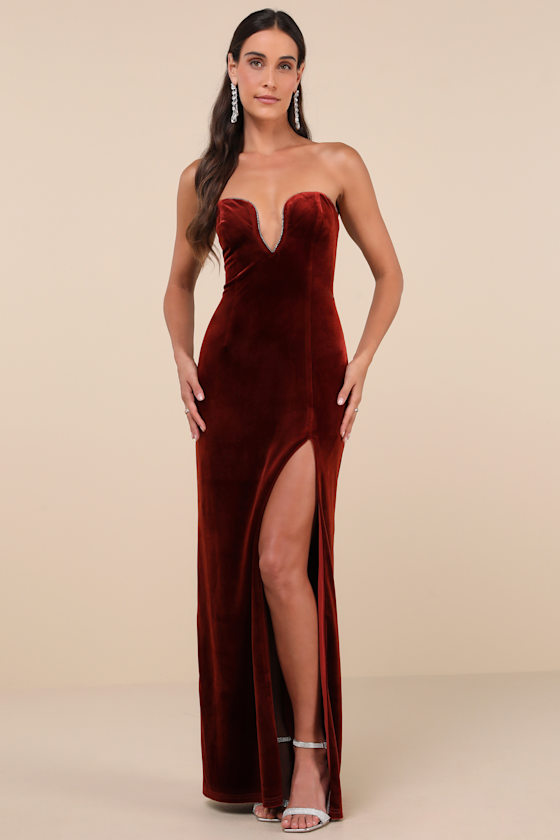 Elegant Success Rust Velvet Rhinestone Strapless Maxi Dress