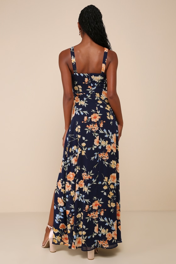 Remarkable Arrival Navy Blue Floral Sleeveless Maxi Dress