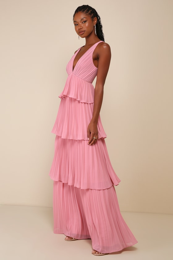 Mesmerizing Essence Pink Pleated Backless Tiered Maxi Dress