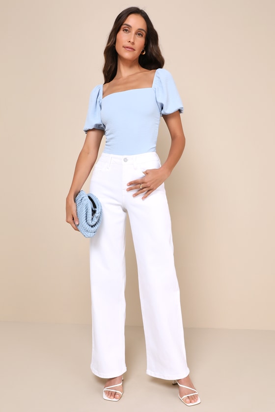 Abundance of Love Blue Textured Puff Sleeve Tie-Back Bodysuit