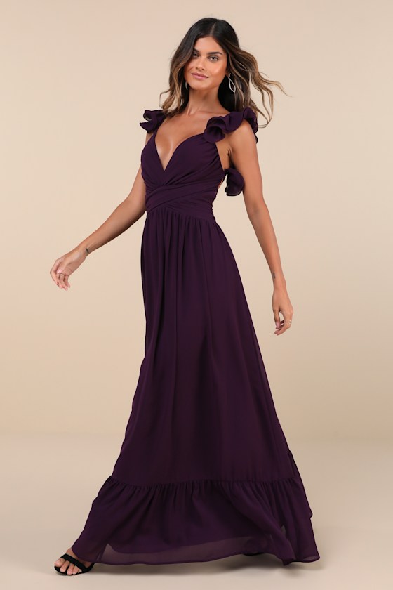 Soiree Celebration Purple Ruffled Lace-Up Maxi Dress