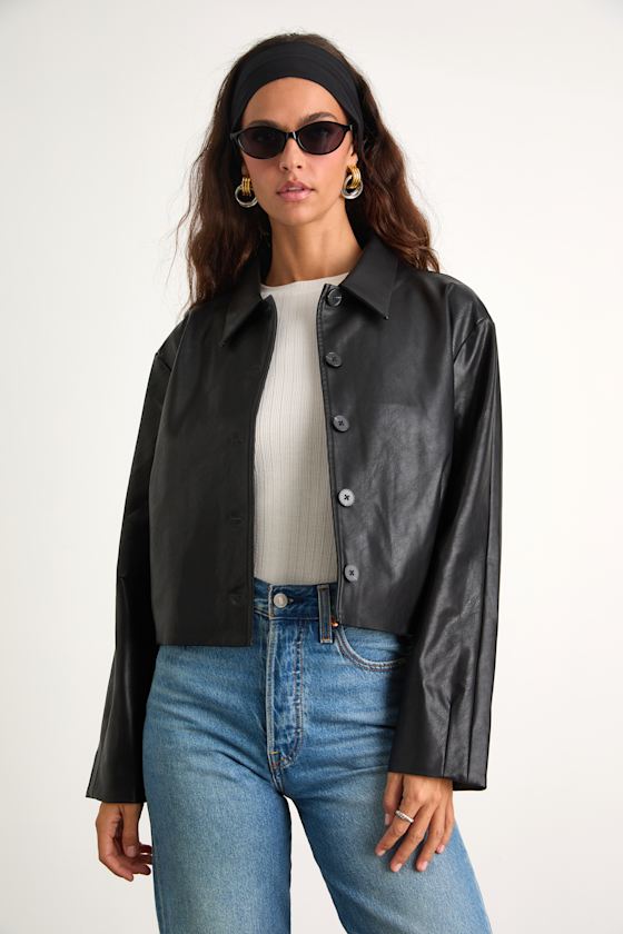 Mariely Black Vegan Leather Button-Front Cropped Jacket