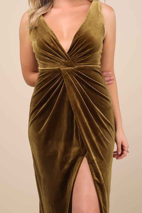 Beautiful Evenings Olive Green Velvet Twist-Front Maxi Dress