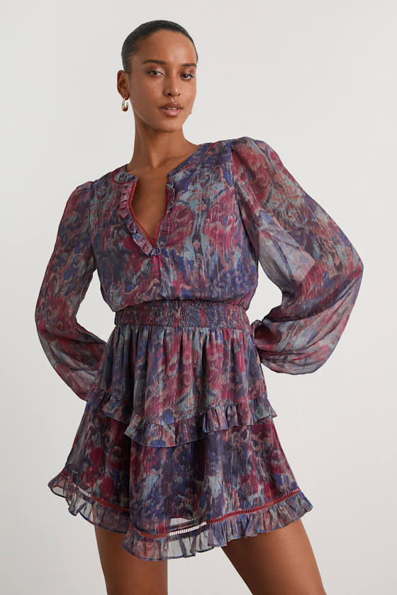 Variah Blue Multi Boho Print Long Sleeve Mini Dress