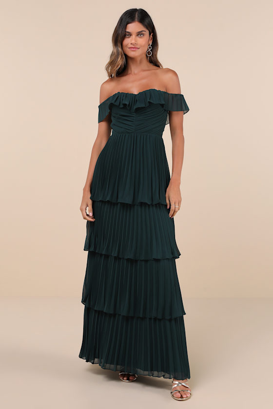 Always Remarkable Emerald Pleated Off-the-Shoulder Maxi Dress